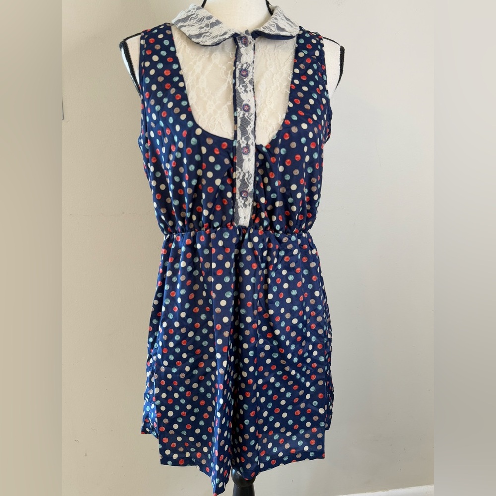 Dorothy USA Polka Dot Sleeveless Dress with Lace Collar semi sheer lace chest LG